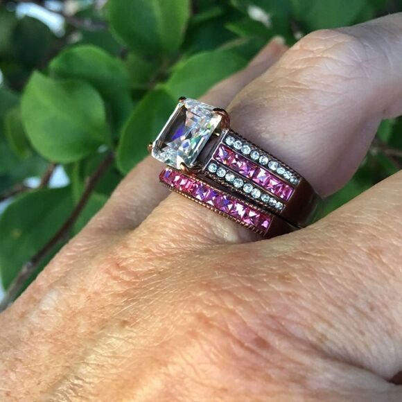 Pink & Clear CZ Stackable Ring Set – Coffee Stainless Steel, Size 8 - Picture 6 of 11